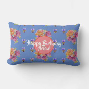 Almofada Lombar Feliz Aniversário Rosa floral damas Nome Cuchion