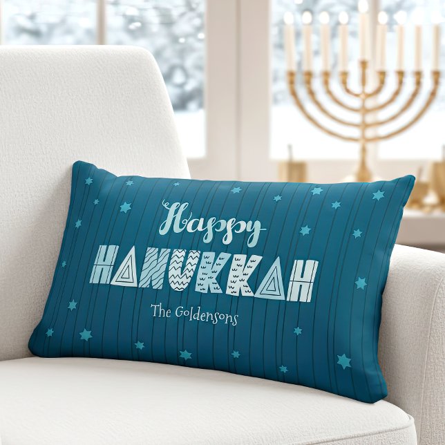 Almofada Lombar Feliz Hanukkah Teal Whimsgrafia Moderna (Criador carregado)
