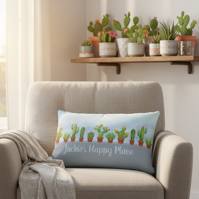 Almofada Lombar Feliz lugar personalizado Cactus Lover é decorativ (Cactus lover's happy place pillow with custom name!)