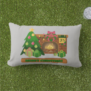 Almofada Lombar Feliz Natal perto da árvore de Natal de lareira bo