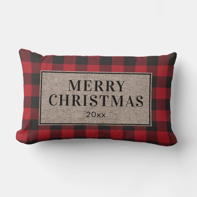 Almofada Lombar Feliz Natal Rustic Red Buffalo Xadrez Arpillera (Frente)