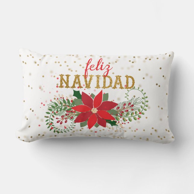 Almofada Lombar Feliz Navidad Dourada Glitter Poinsettia (Frente)