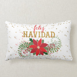 Almofada Lombar Feliz Navidad Dourada Glitter Poinsettia
