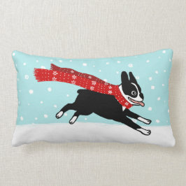 Almofada Lombar Férias de Inverno Boston Terrier Vestindo Cachecol