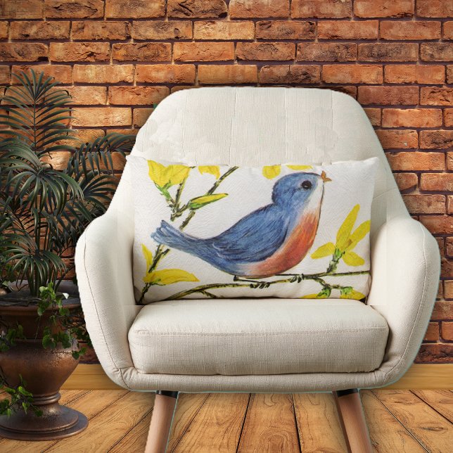 Almofada Lombar Filiação de Árvore de Pássaro Azul Cantando em Bon (Cute bluer red singing bird on branch yellow flowers on textured look white home decor pillow.)