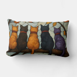 Almofada Lombar Five Cats on a Tree Branch Stained Glass Style
