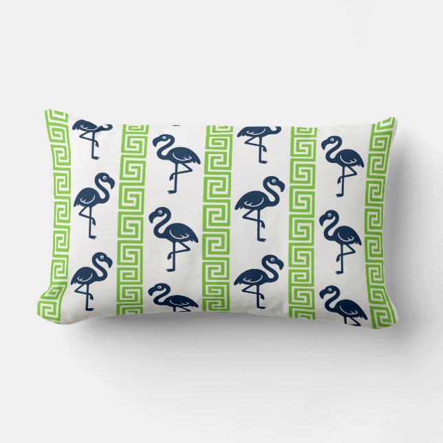 Almofada Lombar Flamingo Tropical - Chave Grega Azul Marinho & Lim (Frente)