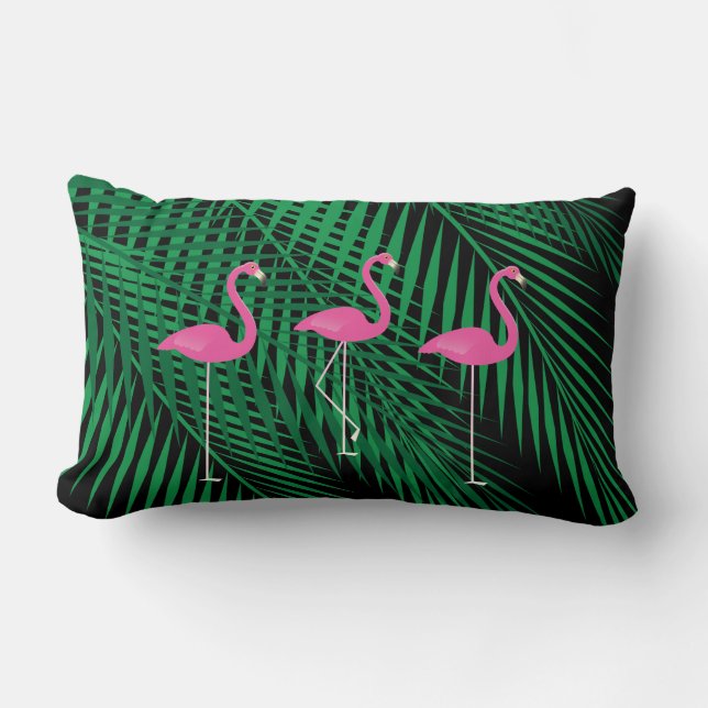 Almofada Lombar Flamingos & folhas de palmeira tropicais no céu (Frente)