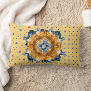 Almofada Lombar Flor azul Mandala, amarelo