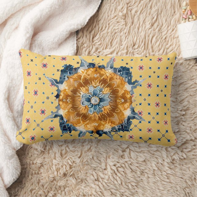 Almofada Lombar Flor azul Mandala, amarelo (Cobertor)