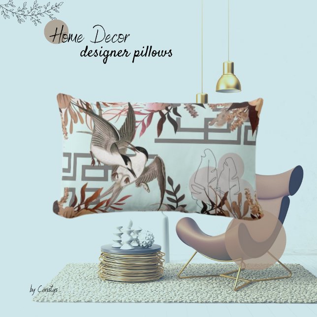 Almofada Lombar Florais, Pássaros, Azul Posto (Criador carregado)