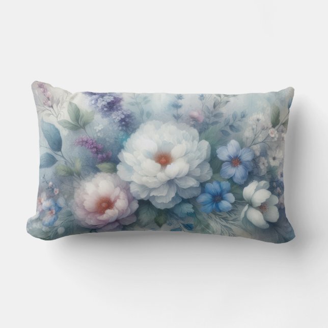 ALMOFADA LOMBAR FLORAIS PASTEL ROSA AZUL E BRANCO (Frente)