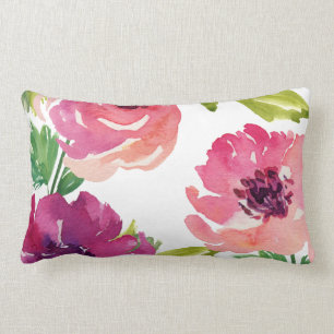 Almofada Lombar Floral de Aquarela, rosa e púrpura
