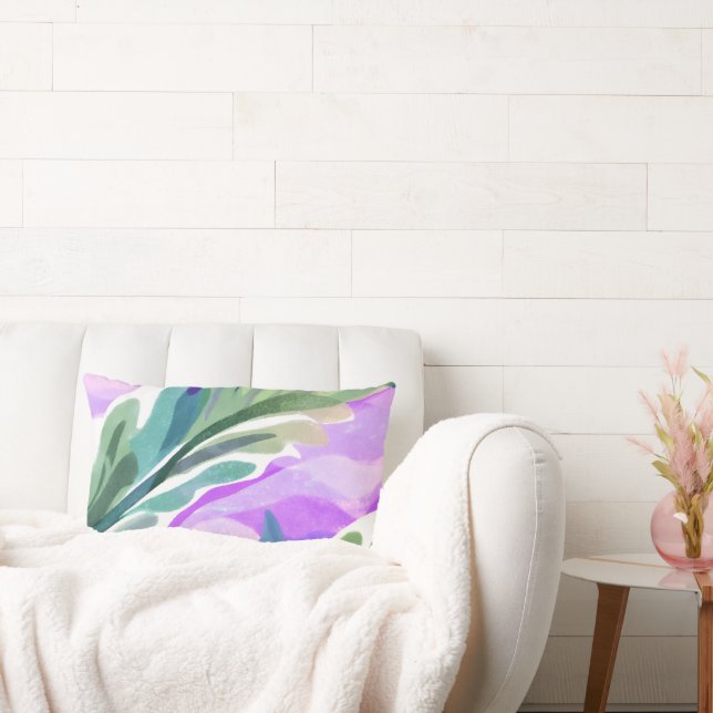 ALMOFADA LOMBAR FLORAL DE FOLHA VERDE COM FUNDO ROXO (Sofá)