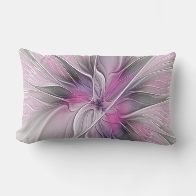Almofada Lombar Floral Fractal Moderno Abstrato Flor Rosa Cinza (Frente)
