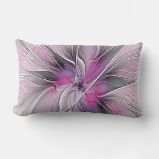 Almofada Lombar Floral Fractal Moderno Abstrato Flor Rosa Cinza