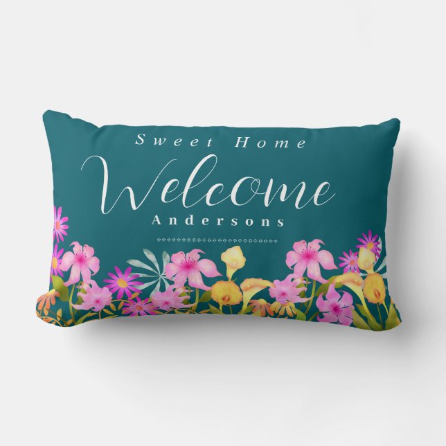 Almofada Lombar Floral Garden Teal Welcome Throw Pillow (Frente)
