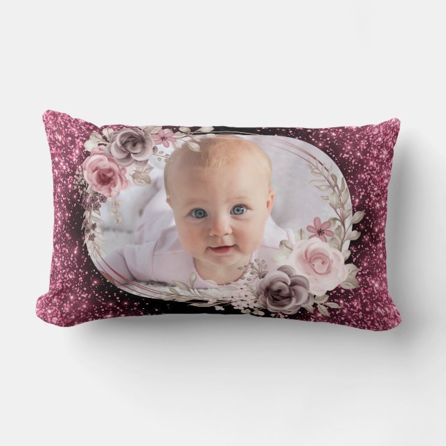 Almofada Lombar Floral Pink Gold Two Photo Baby Girl cute (Frente)