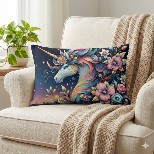 Almofada Lombar Floral Unicorn Night Fantasy (Floral Unicorn Night Fantasy Lumbar Pillow Mockup A)