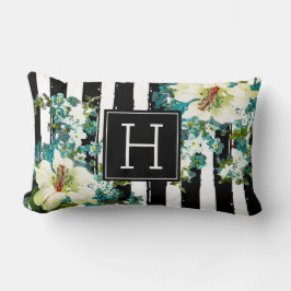 Almofada Lombar Flores Azuis e Brancas Elegantes com Monograma