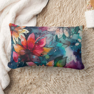 Almofada Lombar Flores Coloridas em Tons de Teal e Laranja em Aqua