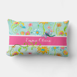 Almofada Lombar Flores de Aquarela Whimsical Borboleta Dragonfly