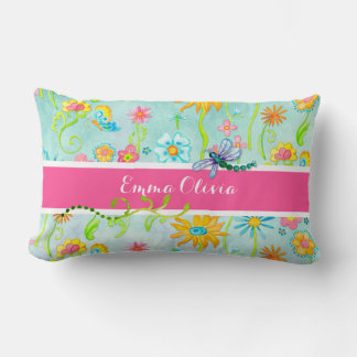 Almofada Lombar Flores de Aquarela Whimsical Borboleta Dragonfly