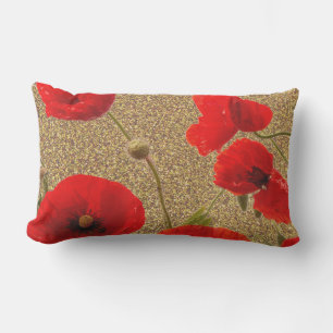 Almofada Lombar Flores de Papoula Vermelho Dourado Brilho Dourado