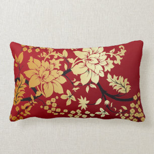 Almofada Lombar Flores douradas orientais no vermelho