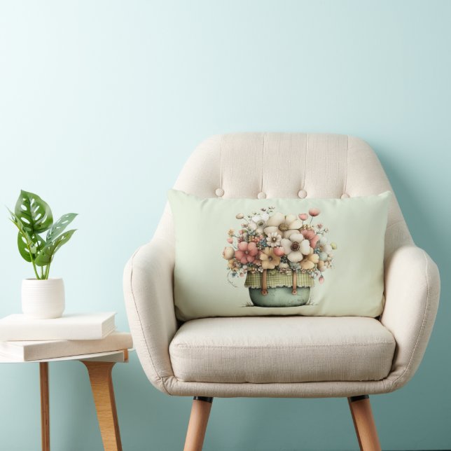 Almofada Lombar Flores em Vasos Aconchegante Estilo Shabby Fofo (Cadeira)