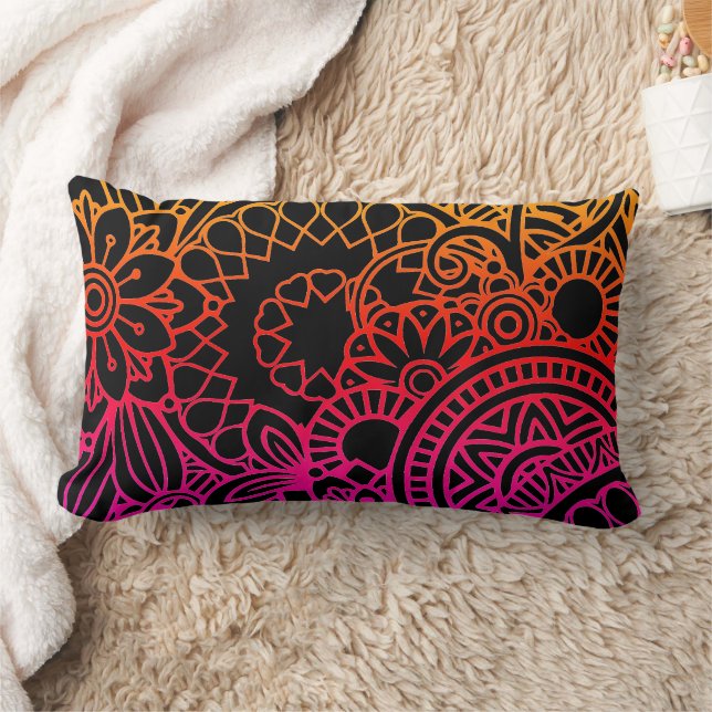 Almofada Lombar Flores Laranja Roxo e Fundo Preto (Cobertor)