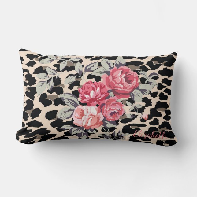 Almofada Lombar Flores Modernas Fofas em Impressão de Leopardo-Per (Frente)