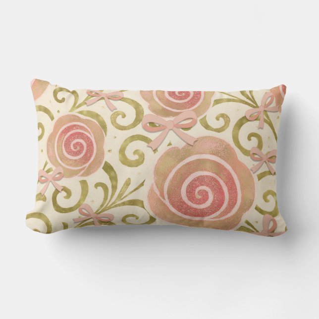 Almofada Lombar Flores Rosa & Dourado com Laços Rosas Princesa (Frente)