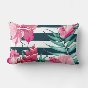 Almofada Lombar Flores Rosa Exóticas, listradas