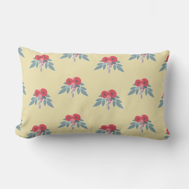 Almofada Lombar Flores vermelhas e folhas verdes em castanho (Frente)