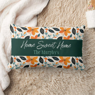 Almofada Lombar Folhagem Laranja e Azul e Flores Personalizadas