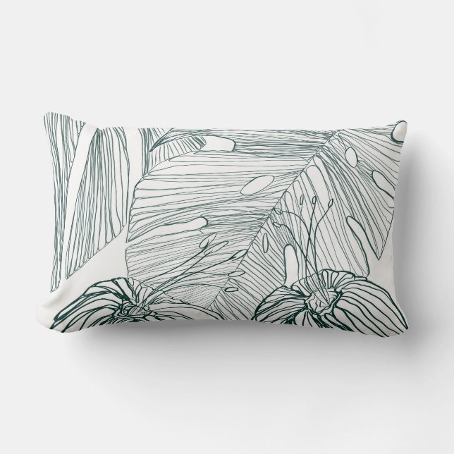 Almofada Lombar folhas de monstera verde-escura e lírios contorno (Frente)