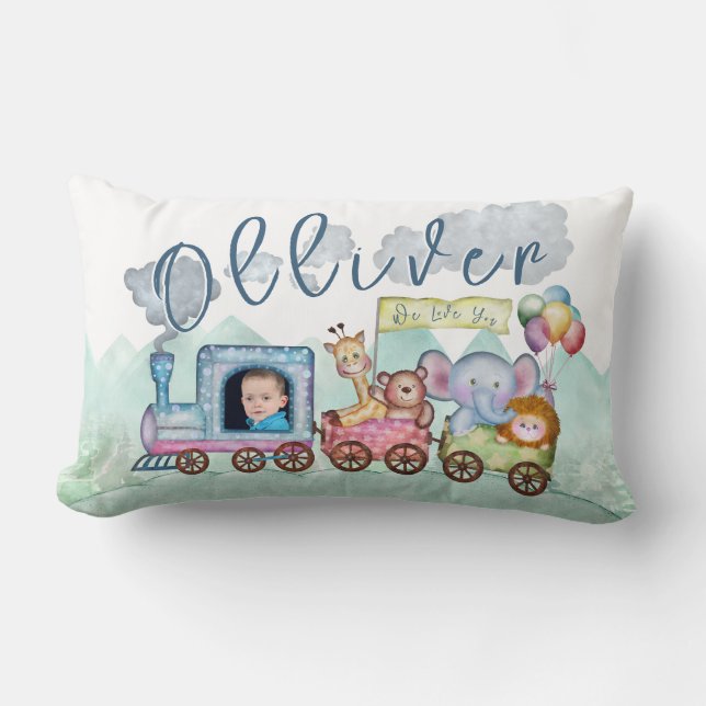 Almofada Lombar Foto de aniversário do Boys Watercolor Train (Frente)