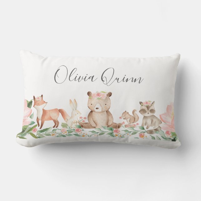 Almofada Lombar Garota Caçada Animais da Floresta Rosa (Frente)