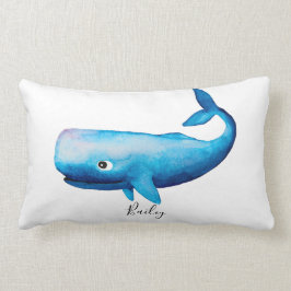 Almofada Lombar Garoto Blue Ocean Watercolor Whale Beach Name Nurs