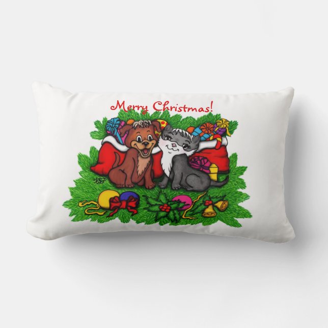 Almofada Lombar Gatinho e puppy, XMas feliz (Frente)