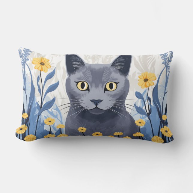 Almofada Lombar Gato Azul Russo Flores Amarelas (Frente)
