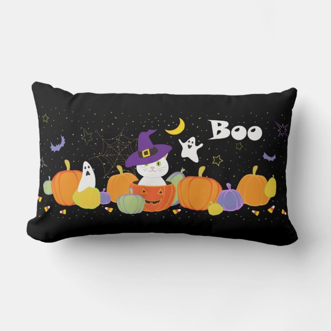 Almofada Lombar Gato bonitinho do Halloween no Chapéu das Bruxas (Frente)