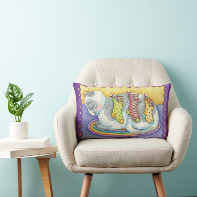 Almofada Lombar Gato de Natal bonito dormindo com ratos em estoque (Cadeira)