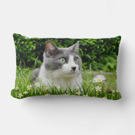 Almofada Lombar Gato de Tuxedo Cinza e Branco & Flores