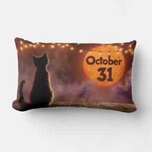 Almofada Lombar Gato Negro com Lua de Halloween de 31 de outubro