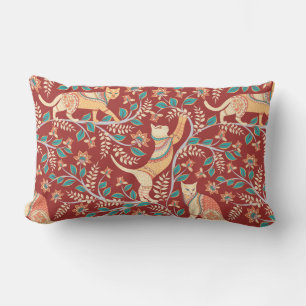 Almofada Lombar Gatos com ornamentos, ramos com flores e folhas
