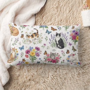 Almofada Lombar Gatos de Jardim em Aquarela Caprichosa Decorativo