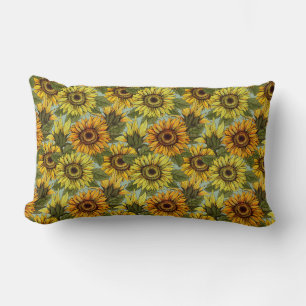 Almofada Lombar Girassóis em Sage Background Foliage Orange Yello