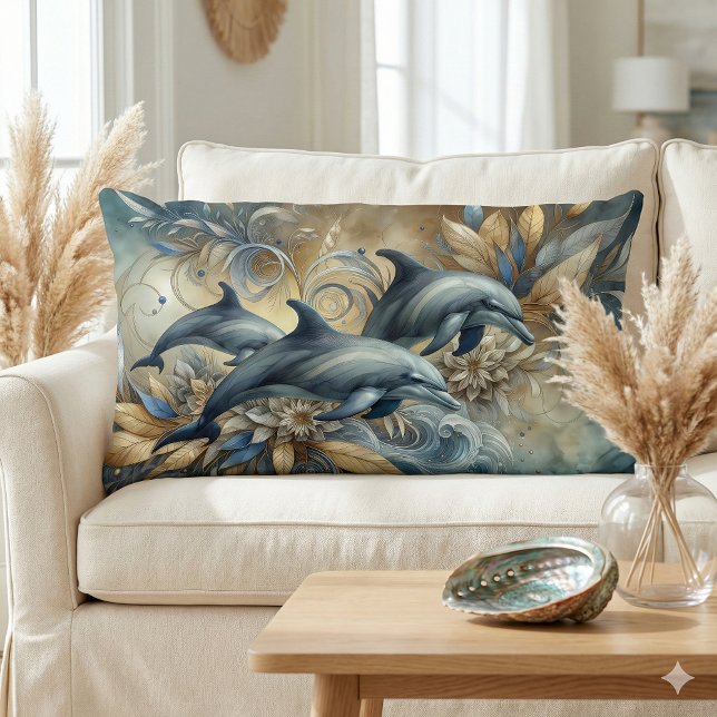 Almofada Lombar Golfinhos Elegantes com Ondas Florais de Ouro (Elegant Dolphins with Golden Floral Waves Lumbar Pillow Mockup A)
